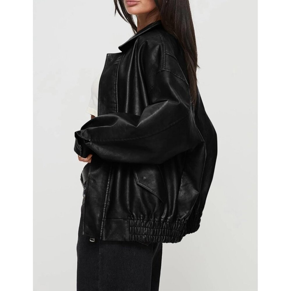 Women's Faux Leather Motorcycle Jacket Oversized Zip Up Winter Outerwear Black - Picture 3 of 6